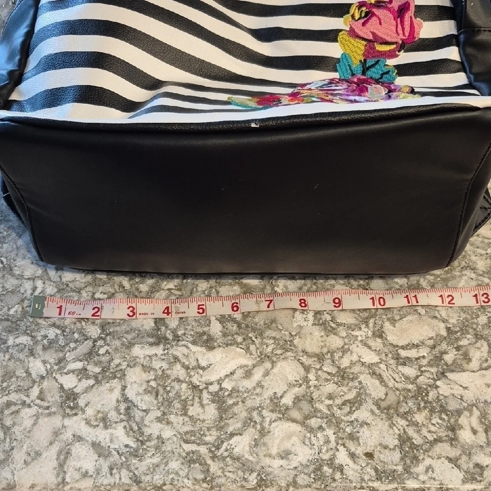 Betsey Johnson Black and White Embroidered Striped Backpack